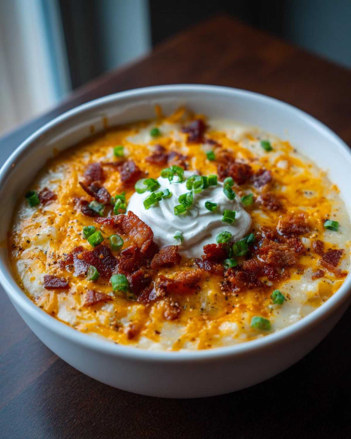 A creamy bowl of loaded baked potato soup topped with shredded cheese, bacon, sour cream, and chives.