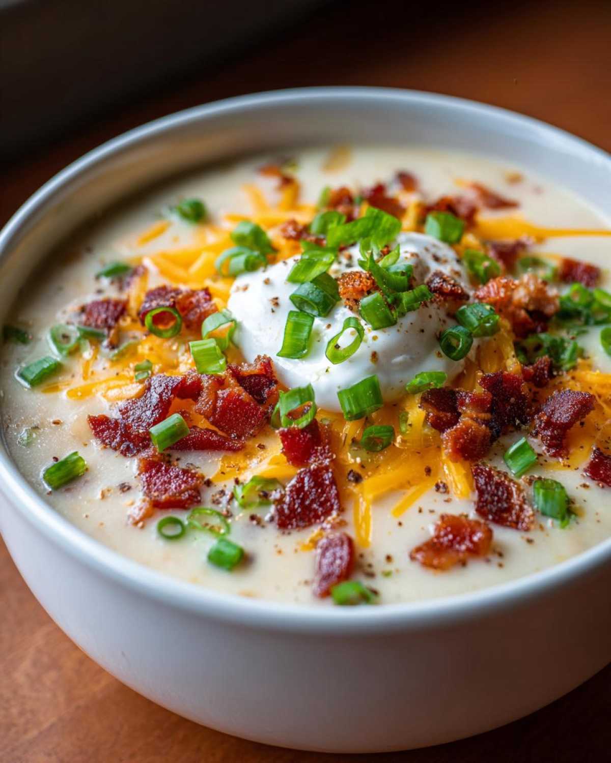 A close-up of a bowl of rich loaded baked potato soup topped with cheese, bacon, sour cream, and chives.