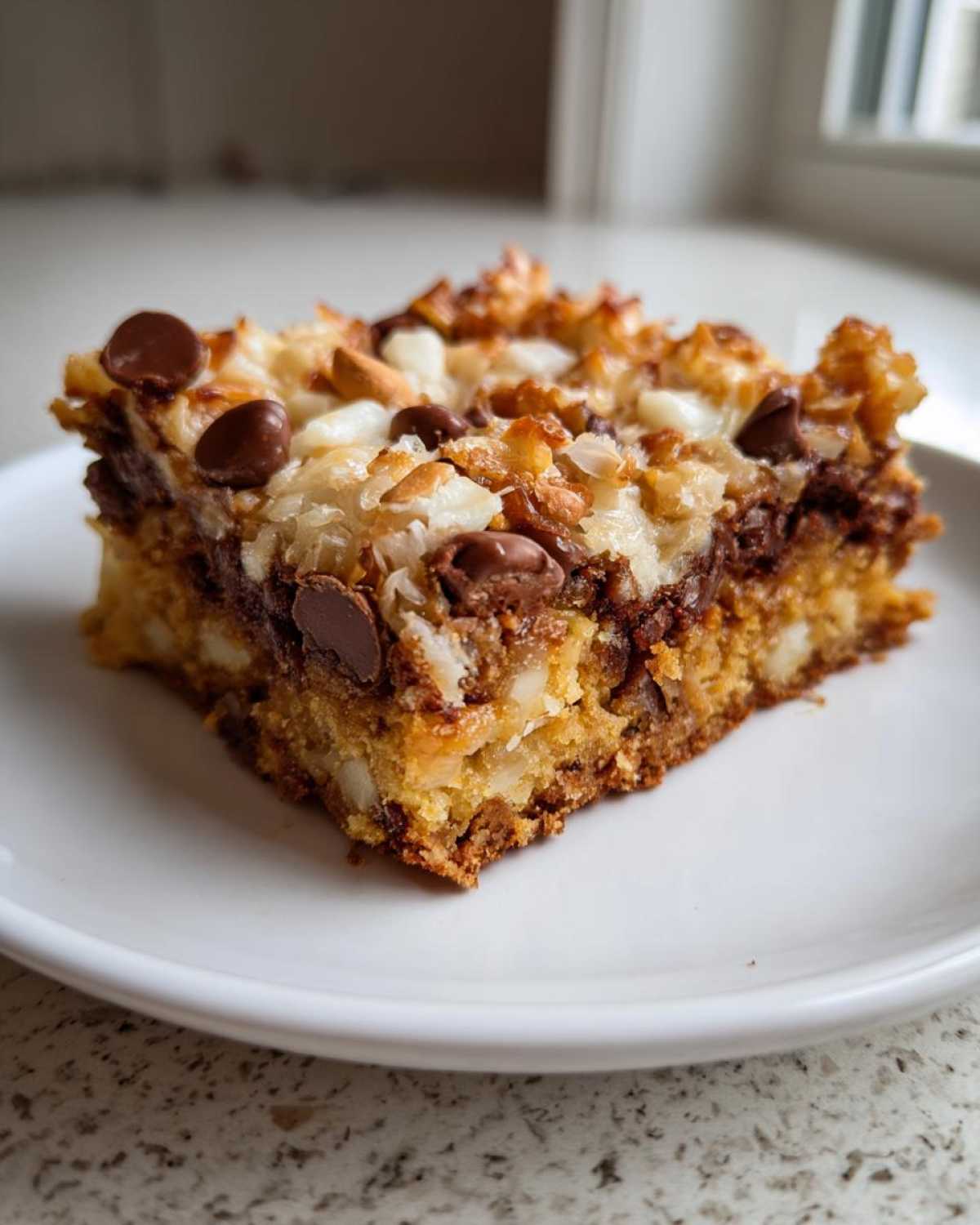 A single square of rich, gooey magic cookie bars topped with chocolate chips and toasted coconut.