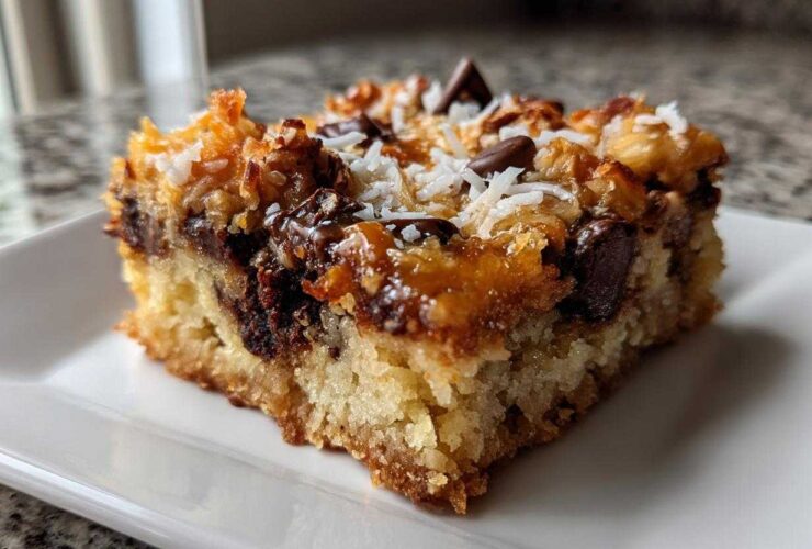 A close-up view of one square of rich magic cookie bars on a white plate, showing melted chocolate and coconut topping.