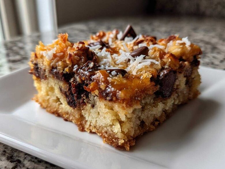 A close-up view of one square of rich magic cookie bars on a white plate, showing melted chocolate and coconut topping.