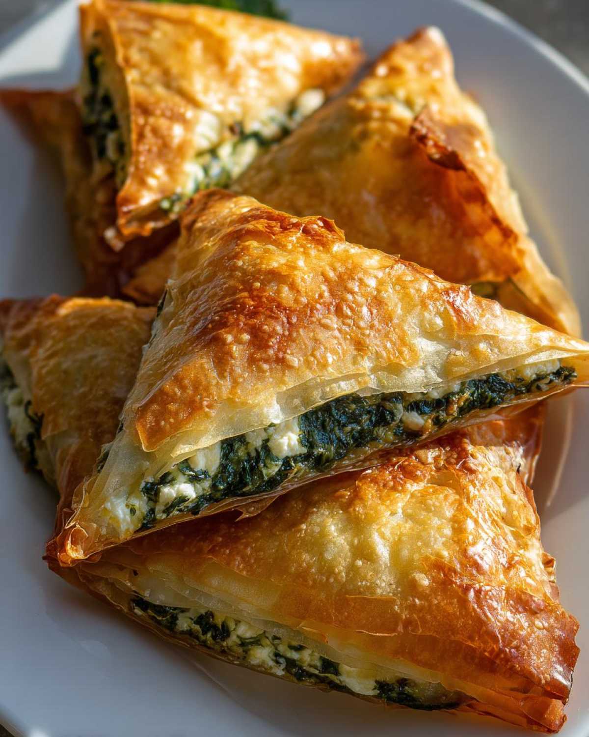 Close-up of golden, flaky Mediterranean Spinach and Feta Cheese Crisps triangles stacked on a white plate.