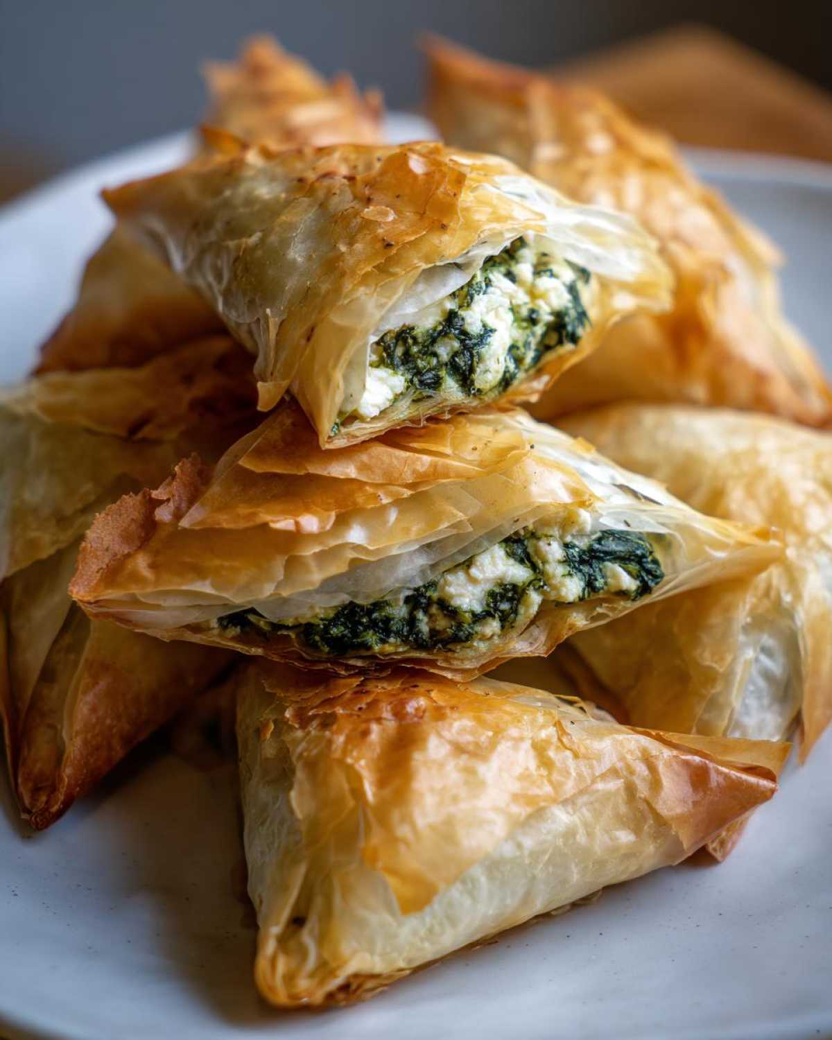 Close-up of flaky, golden Mediterranean Spinach and Feta Cheese Crisps stacked on a plate, showing the creamy filling.