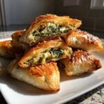 Close-up of flaky, golden Mediterranean Spinach and Feta Cheese Crisps stacked on a white plate, showing the creamy filling.