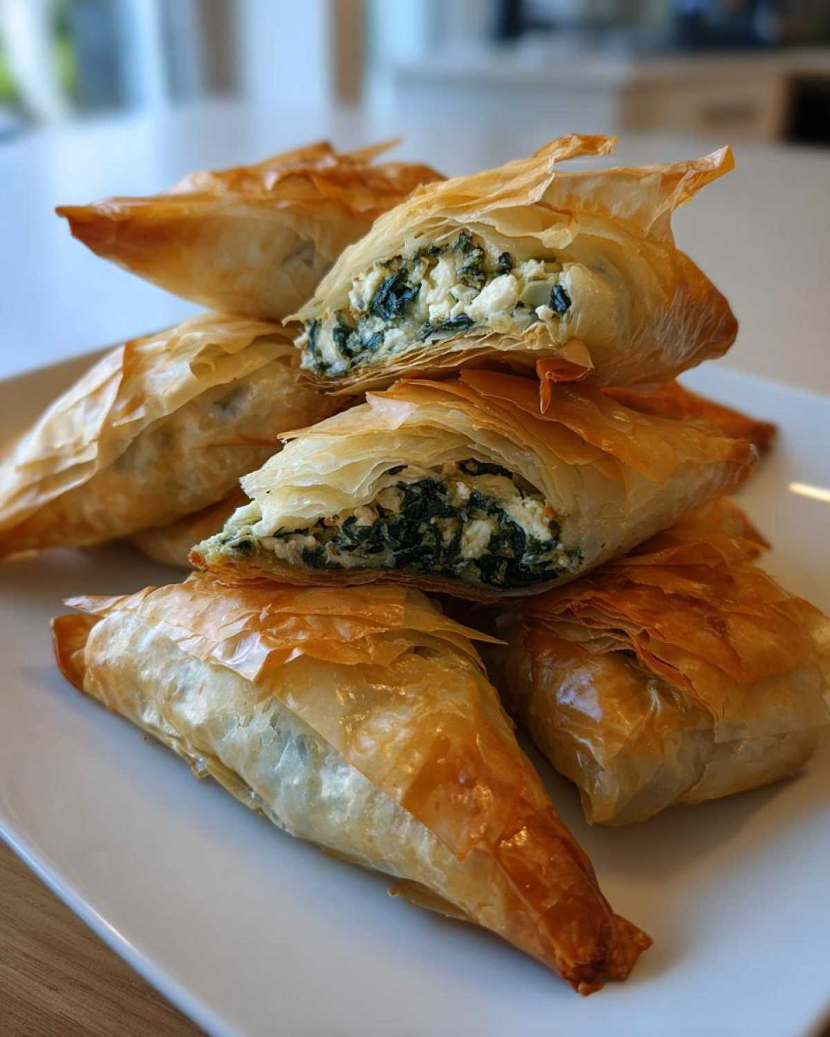 A stack of golden, flaky Mediterranean Spinach and Feta Cheese Crisps, one cut open showing the filling.