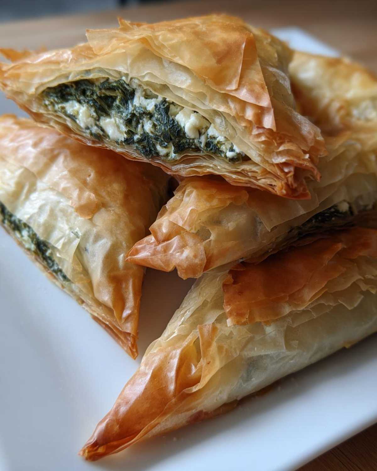 Close-up of flaky, golden Mediterranean Spinach and Feta Cheese Crisps stacked on a white plate.