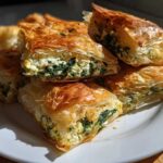 Close-up of flaky, golden-brown Mediterranean Spinach and Feta Cheese Crisps cut into squares on a white plate.