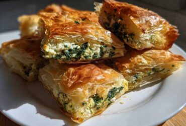 Close-up of flaky, golden-brown Mediterranean Spinach and Feta Cheese Crisps cut into squares on a white plate.