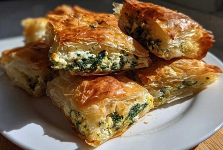 Close-up of flaky, golden-brown Mediterranean Spinach and Feta Cheese Crisps cut into squares on a white plate.