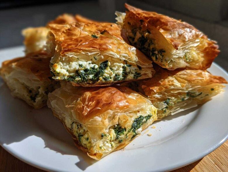 Close-up of flaky, golden-brown Mediterranean Spinach and Feta Cheese Crisps cut into squares on a white plate.