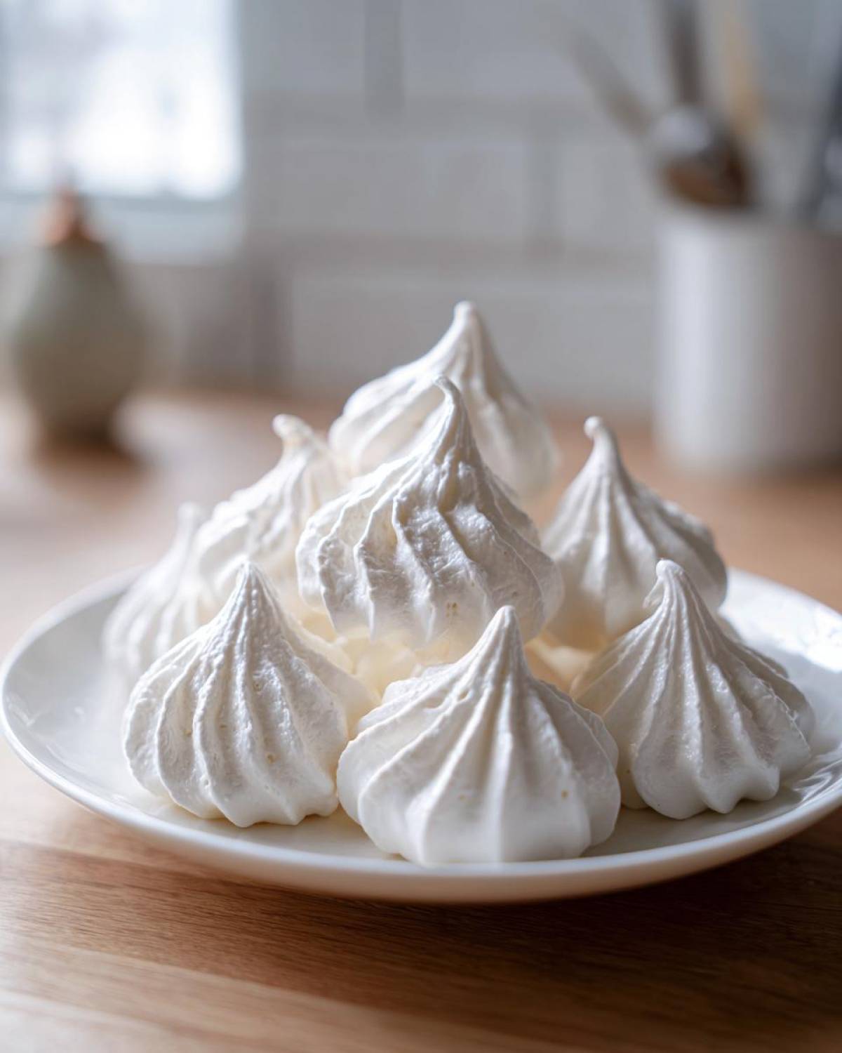 A close-up of several perfectly piped white meringue cookies stacked on a white plate.