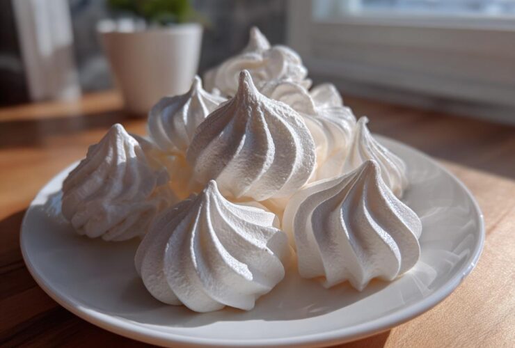 A close-up of several bright white, perfectly piped meringue cookies piled on a white plate.