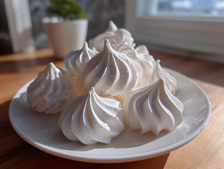 A close-up of several bright white, perfectly piped meringue cookies piled on a white plate.