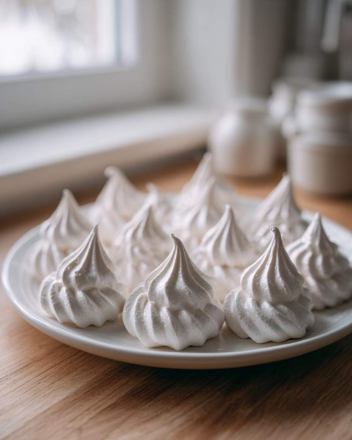 A plate of perfectly piped white meringue cookies with sharp peaks sitting on a wooden counter near a window.