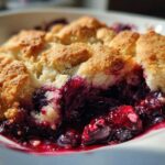 A close-up, appetizing shot of a serving of mixed berry cobbler showing bubbling dark berries beneath a golden, crumbly biscuit topping.