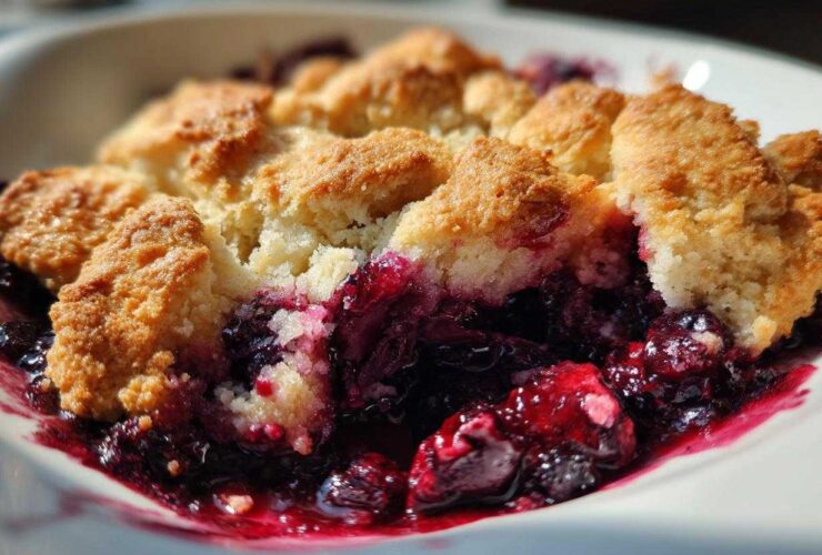 A close-up, appetizing shot of a serving of mixed berry cobbler showing bubbling dark berries beneath a golden, crumbly biscuit topping.