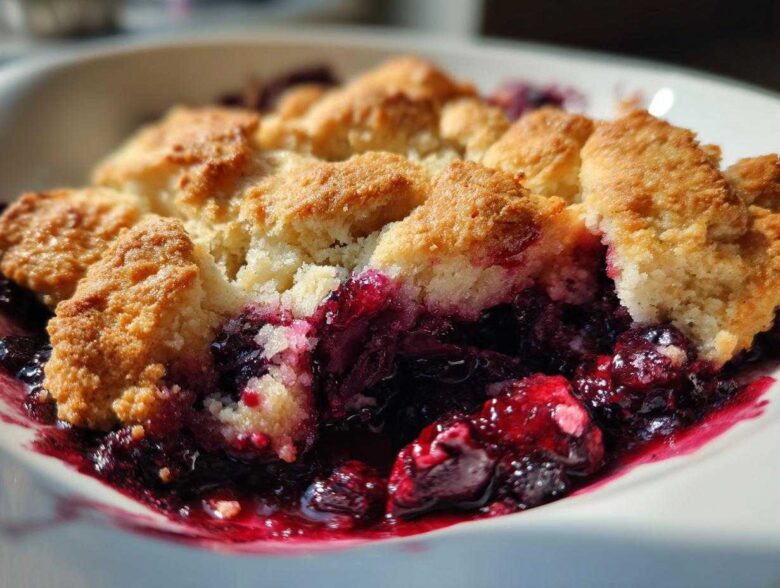 A close-up, appetizing shot of a serving of mixed berry cobbler showing bubbling dark berries beneath a golden, crumbly biscuit topping.