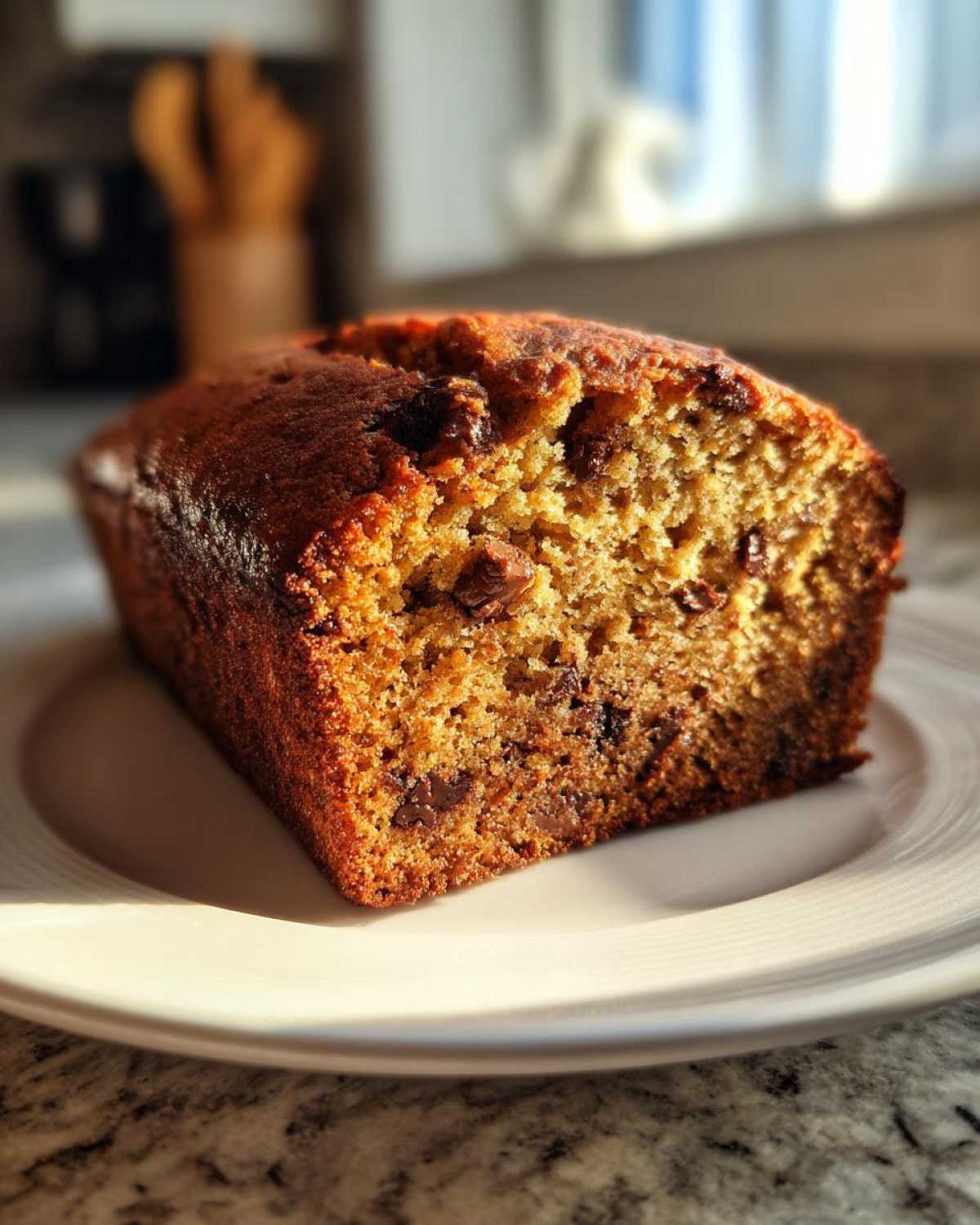 A close-up of a moist slice of chocolate chip banana bread on a white plate, catching the sunlight.