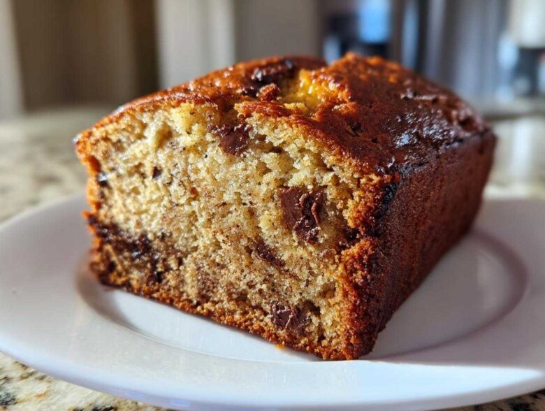 Close-up of a moist slice of chocolate chip banana bread with a dark, caramelized crust on a white plate.