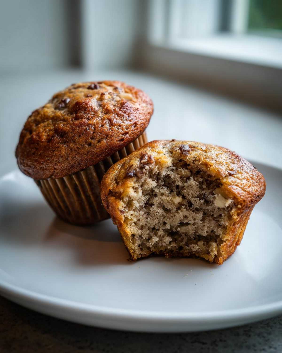 Close-up of two banana nut muffins on a white plate, one with a bite taken out showing the moist interior.