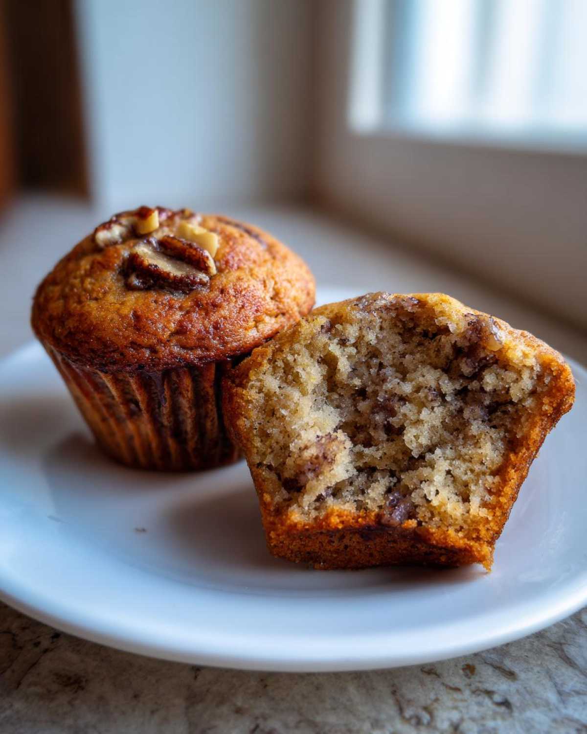 Close-up of two banana nut muffins on a white plate, one whole with walnuts on top, and one cut open showing the moist interior.