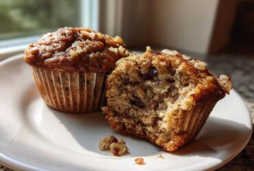 Two delicious banana nut muffins on a white plate, one broken open to show the moist interior.