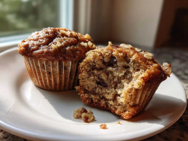 Two delicious banana nut muffins on a white plate, one broken open to show the moist interior.