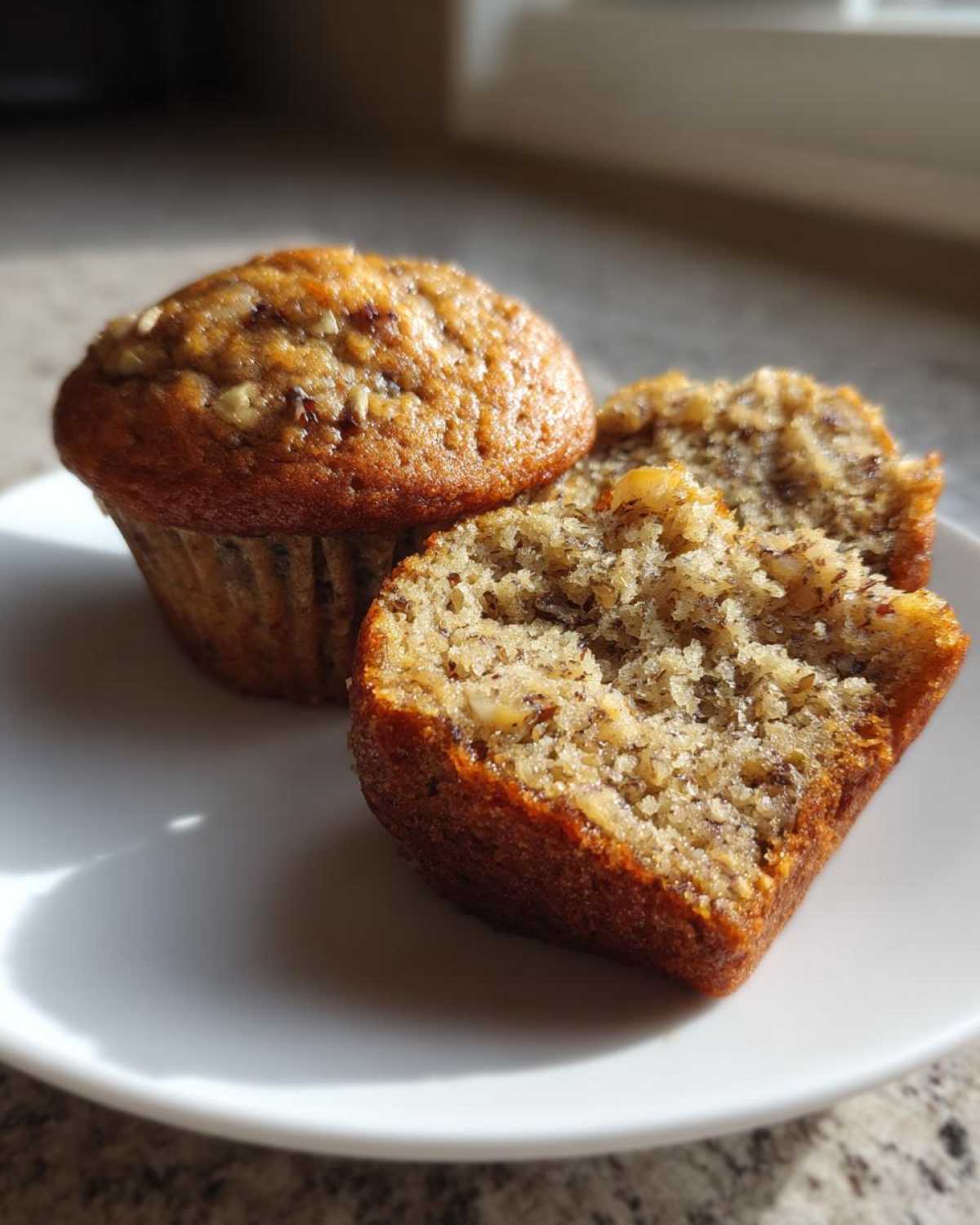 Close-up of one whole and one halved banana nut muffins showing moist texture and nuts.