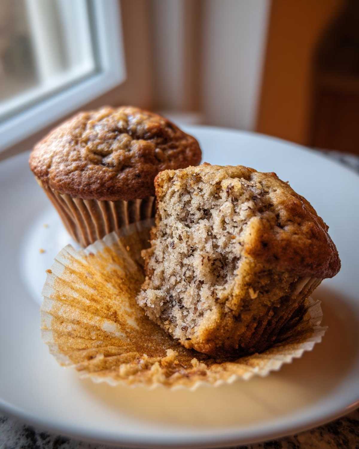 Close-up of a banana nut muffin broken in half showing the moist, nutty interior texture.