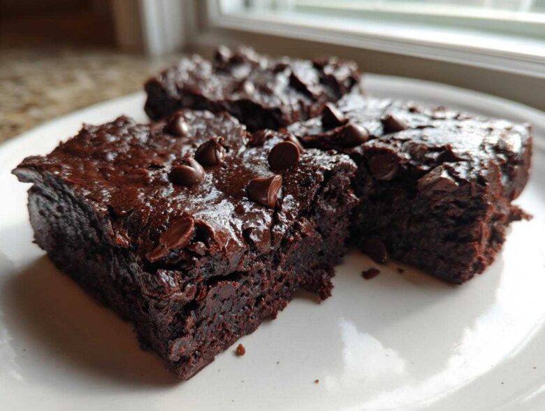 Close-up of three fudgy black bean brownies topped with melted chocolate chips on a white plate.