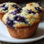 Three moist blueberry protein muffins with golden tops resting on a white plate.