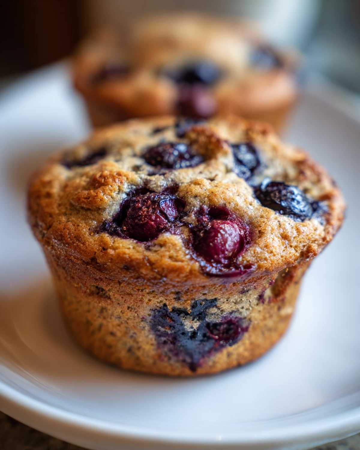 Close-up of a golden brown blueberry protein muffin with juicy berries baked into the top.