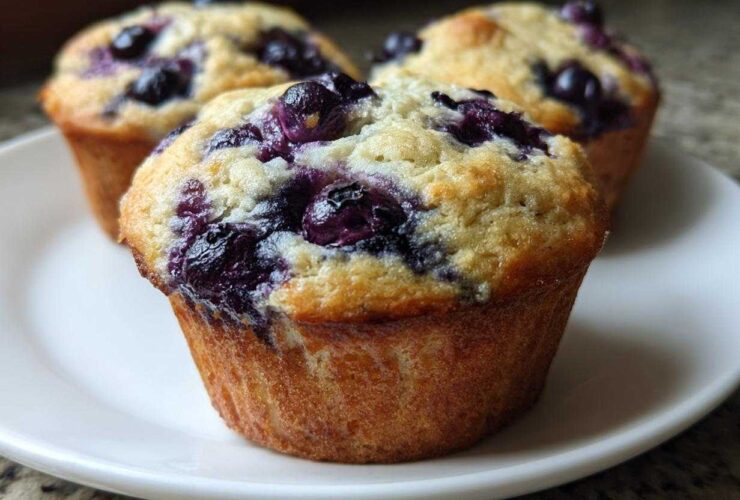 Three moist blueberry protein muffins with golden tops resting on a white plate.