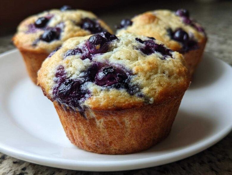 Three moist blueberry protein muffins with golden tops resting on a white plate.