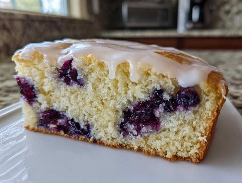 Close-up of a moist slice of blueberry scones, showing rich purple berries and a sweet vanilla glaze topping.
