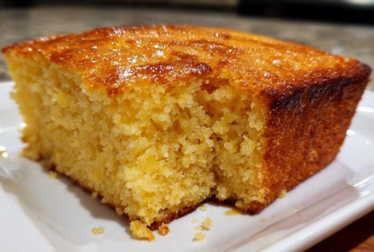 Close-up of a golden, moist slice of buttermilk cornbread with a shiny, slightly caramelized top.