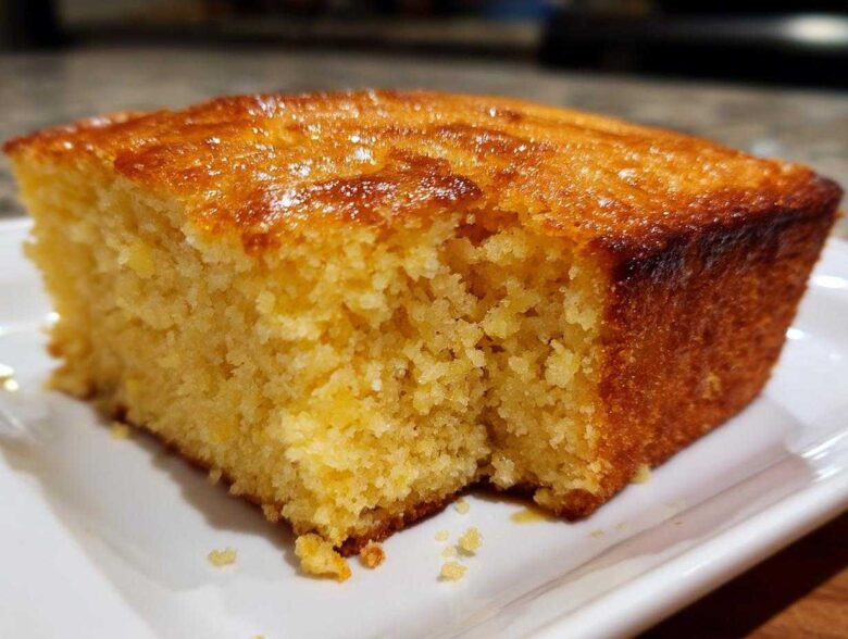 Close-up of a golden, moist slice of buttermilk cornbread with a shiny, slightly caramelized top.