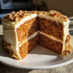 A slice cut from a two-layer carrot cake recipe, showing moist crumb, cream cheese frosting, and pecan topping.