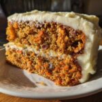 A close-up of a thick slice of moist carrot cake recipe with cream cheese frosting.