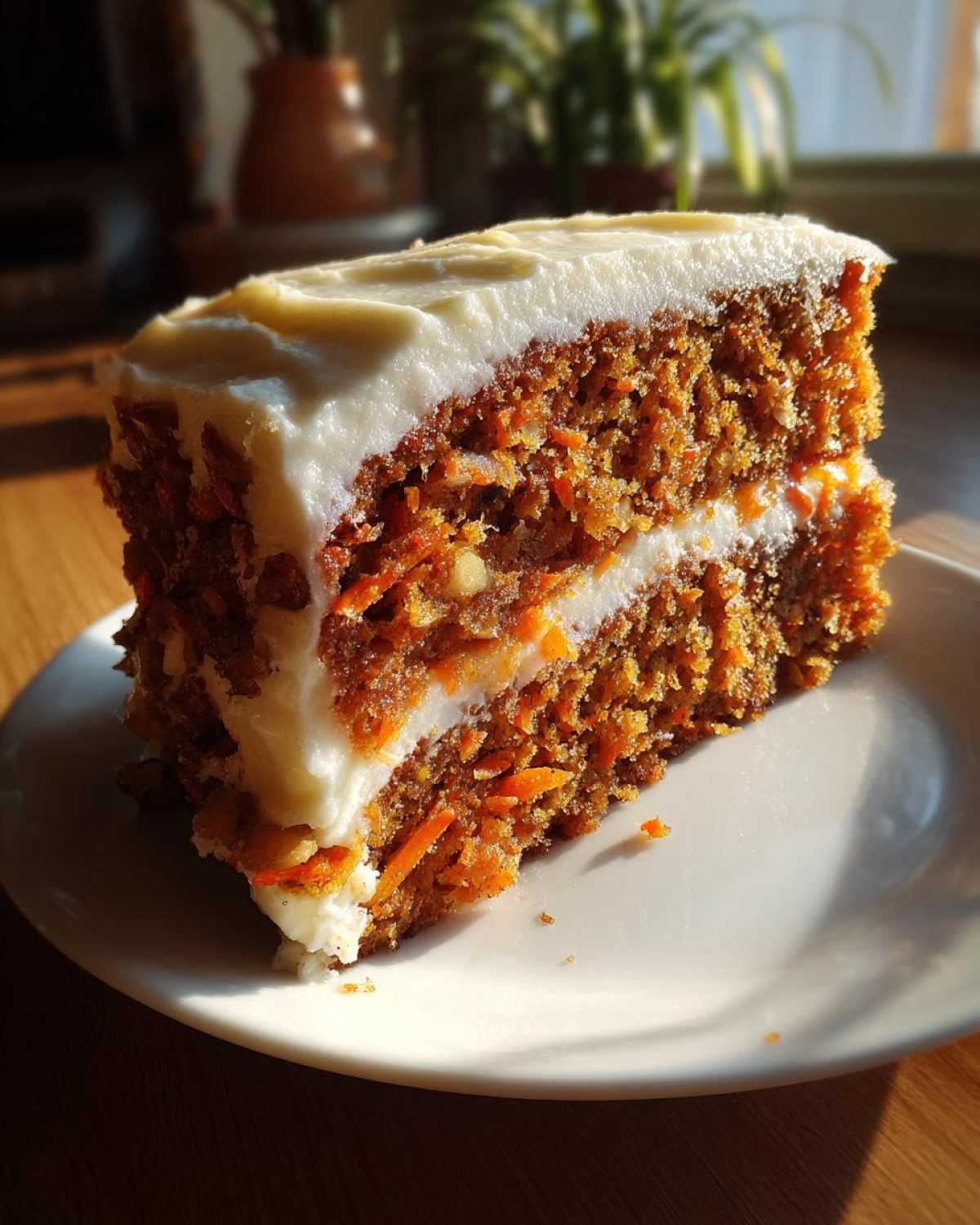 A close-up slice of moist carrot cake recipe with thick cream cheese frosting, beautifully lit by sunlight.