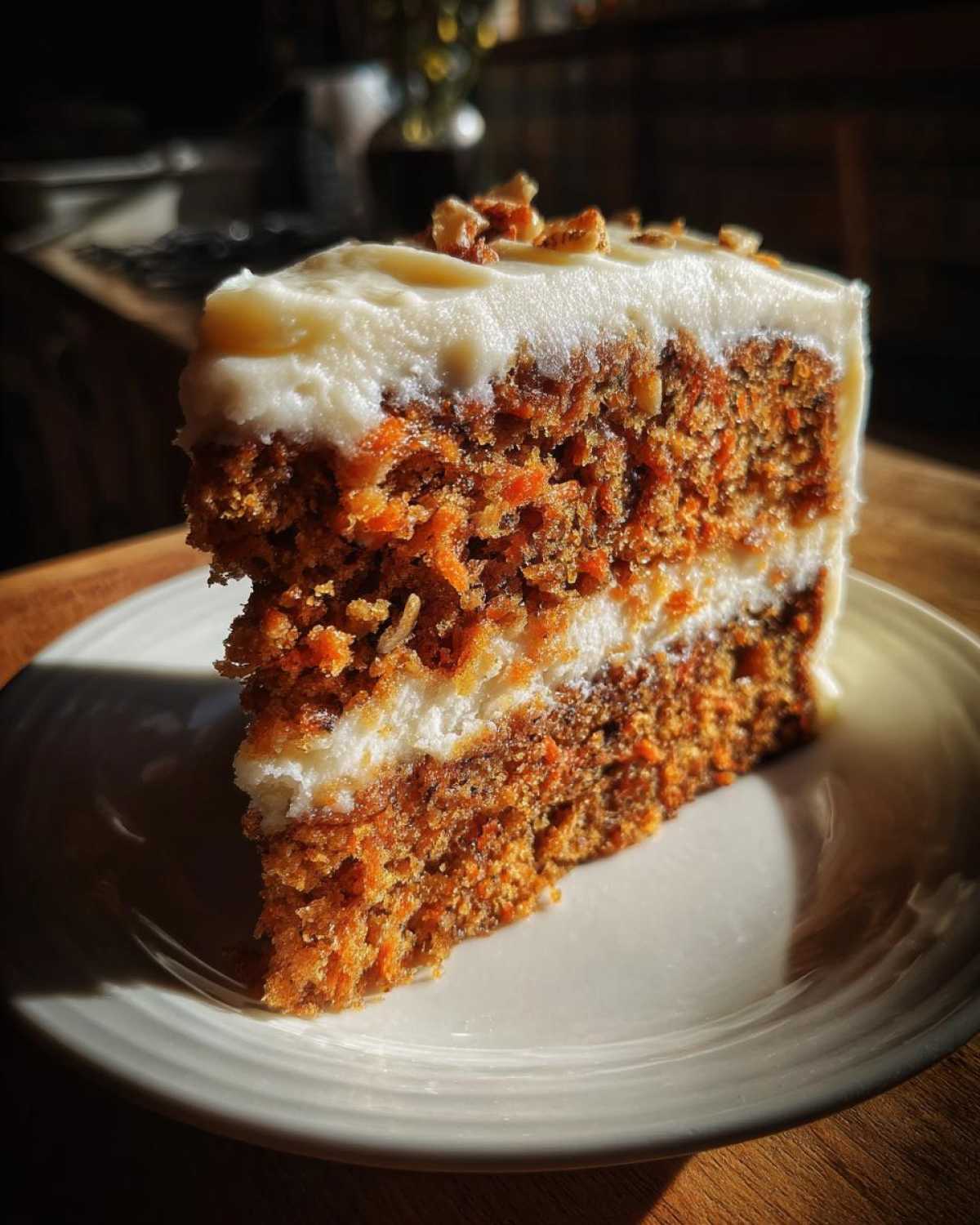 A close-up, dramatic shot of a moist slice of carrot cake recipe layered with cream cheese frosting and topped with walnuts.
