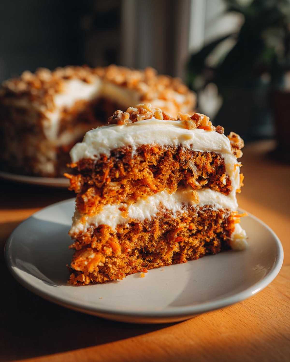 A close-up slice of moist carrot cake recipe with thick cream cheese frosting and walnuts on top.
