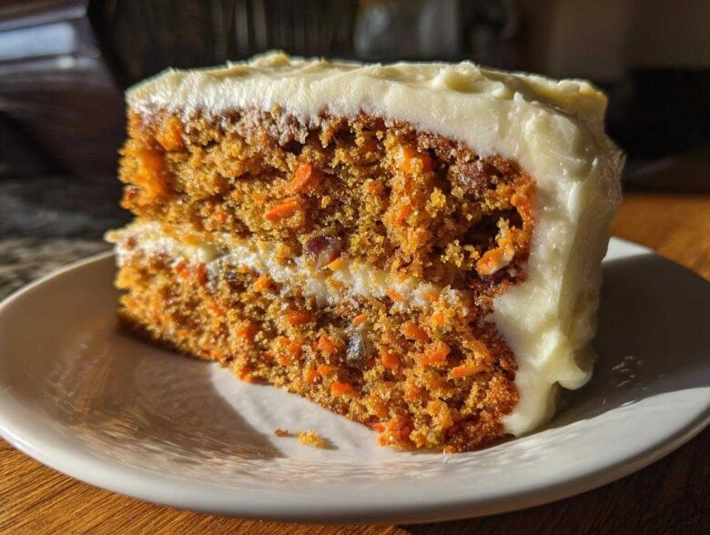A close-up of a thick slice of moist carrot cake recipe with cream cheese frosting.