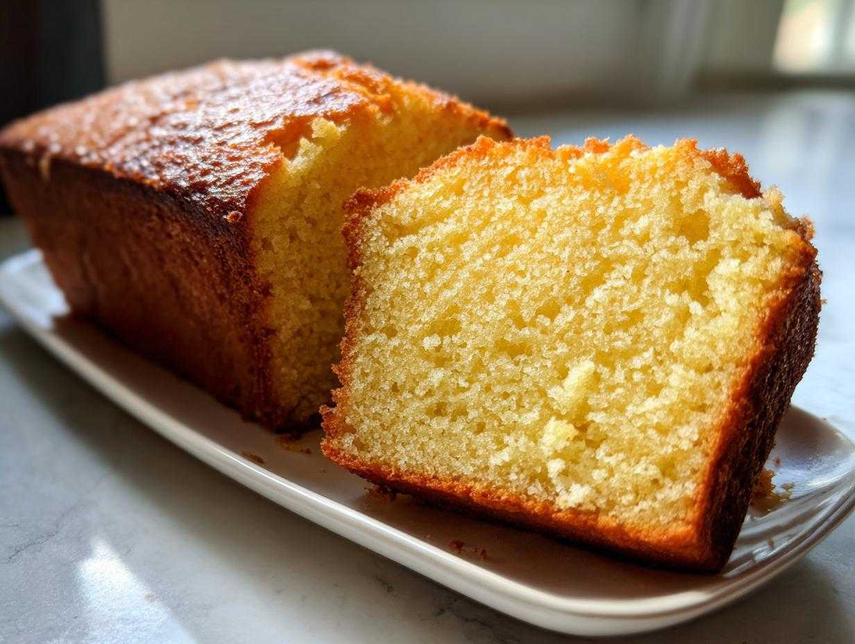Close-up of a moist, golden slice cut from a loaf of condensed milk cake on a white platter.