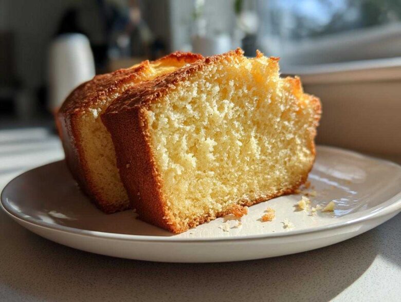Two thick slices of moist, golden condensed milk cake resting on a white plate, highlighted by sunlight.
