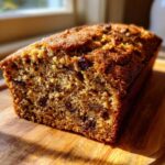 A whole loaf of moist date nut bread, showing a rich brown crust and visible chopped dates and nuts inside.