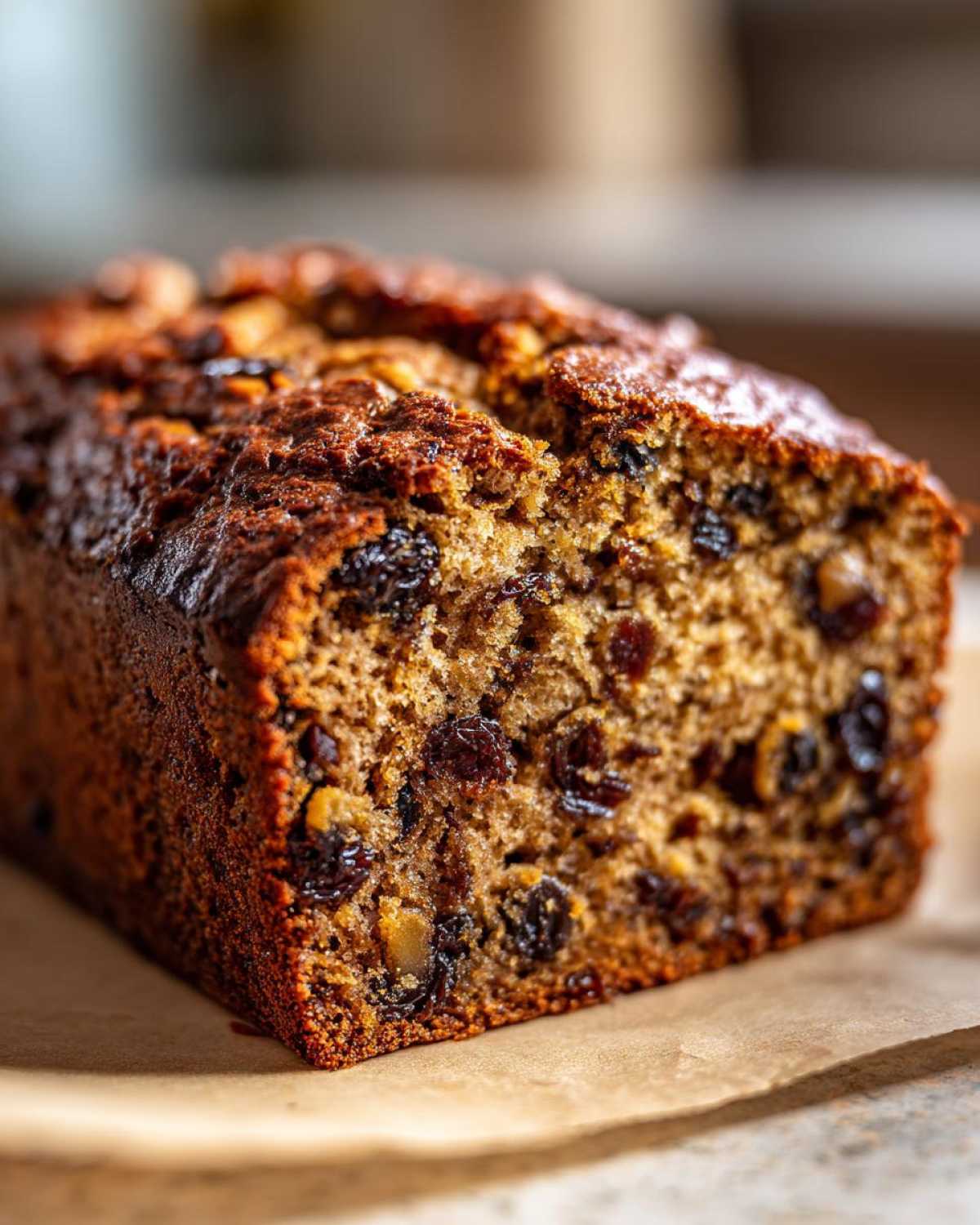 Close-up of a freshly baked, moist loaf of date nut bread showing dark raisins and nuts throughout the crumb.