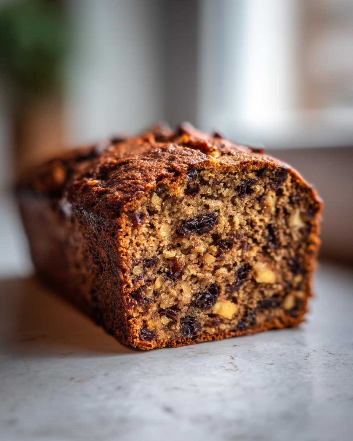 Close-up of a freshly baked, moist date nut bread loaf showing the dense interior filled with dates and walnuts.