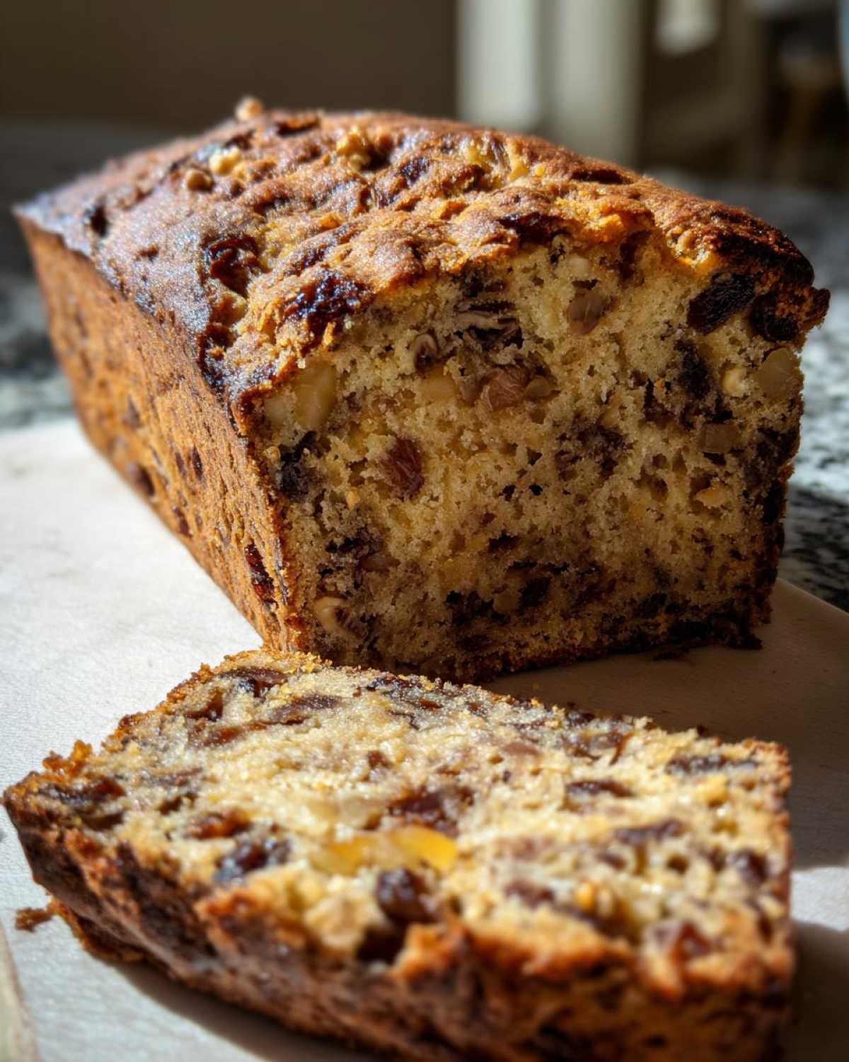 A moist date nut bread loaf with one thick slice cut and resting in front, showing dates and walnuts inside.