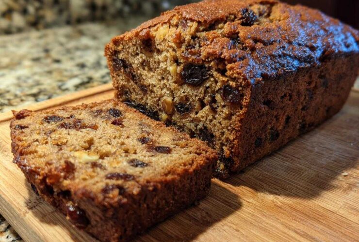 A freshly baked, moist date nut bread loaf with one slice cut and resting beside it on a wooden board.
